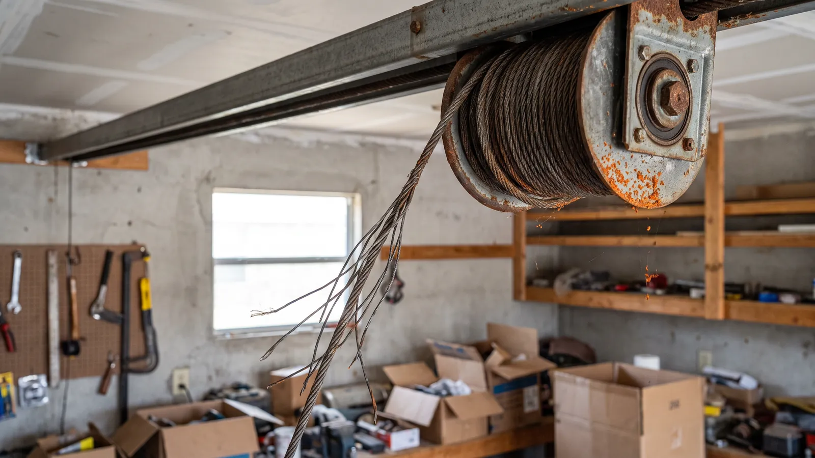 A frayed, rust-flecked garage door lift cable unwinding from its drum beside the end bearing plate, strands splayed, photographed inside a Central Texas garage