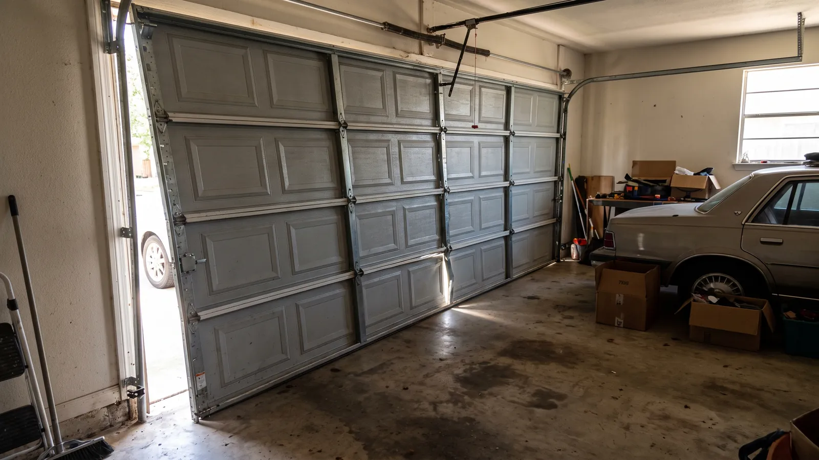 Steel garage door hanging crooked in its opening with the left-side rollers out of the vertical track and the panels racked, seen from inside a two-car garage in Austin