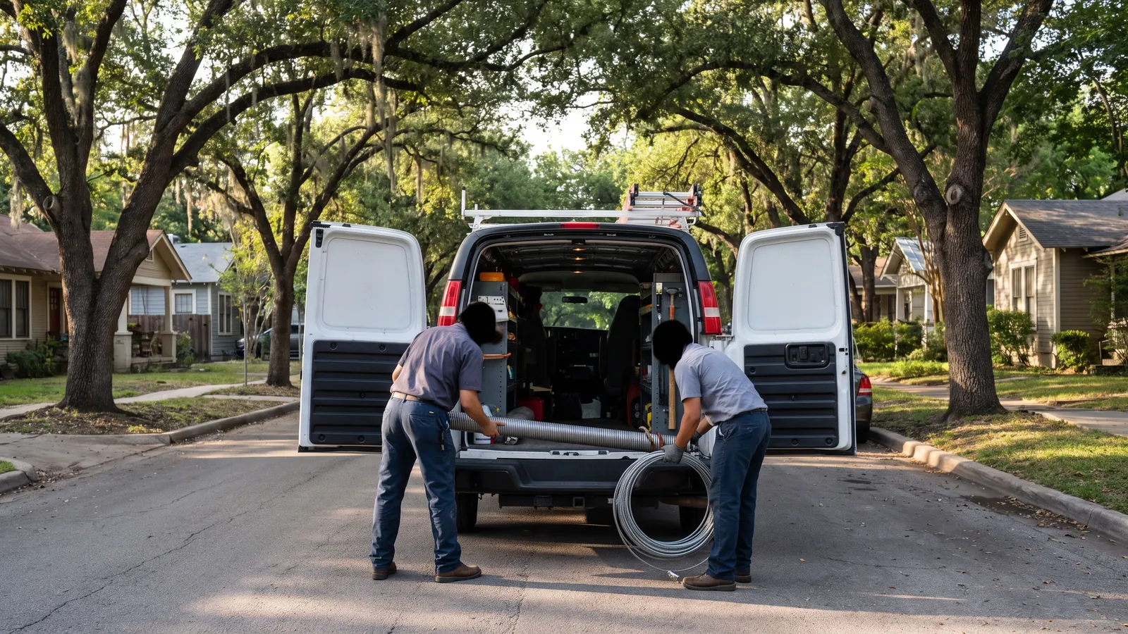 Two garage door technicians loading a torsion spring and a roll of cable into a white service van on a residential street in Austin, Texas, live oaks arching over the road