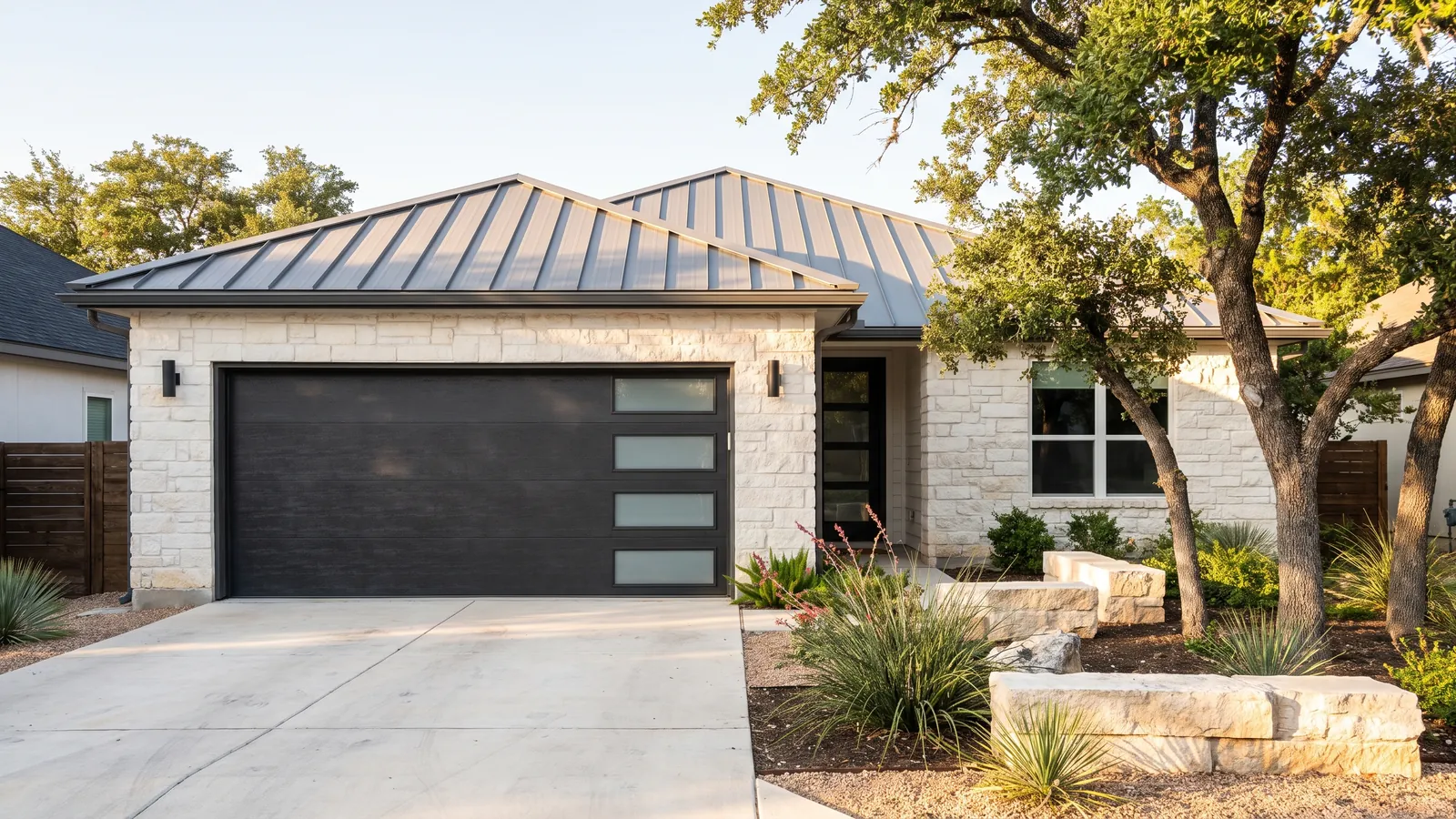 Freshly installed charcoal insulated steel garage door with a row of square windows on a white limestone one-story home in Austin, Texas, standing-seam metal roof above